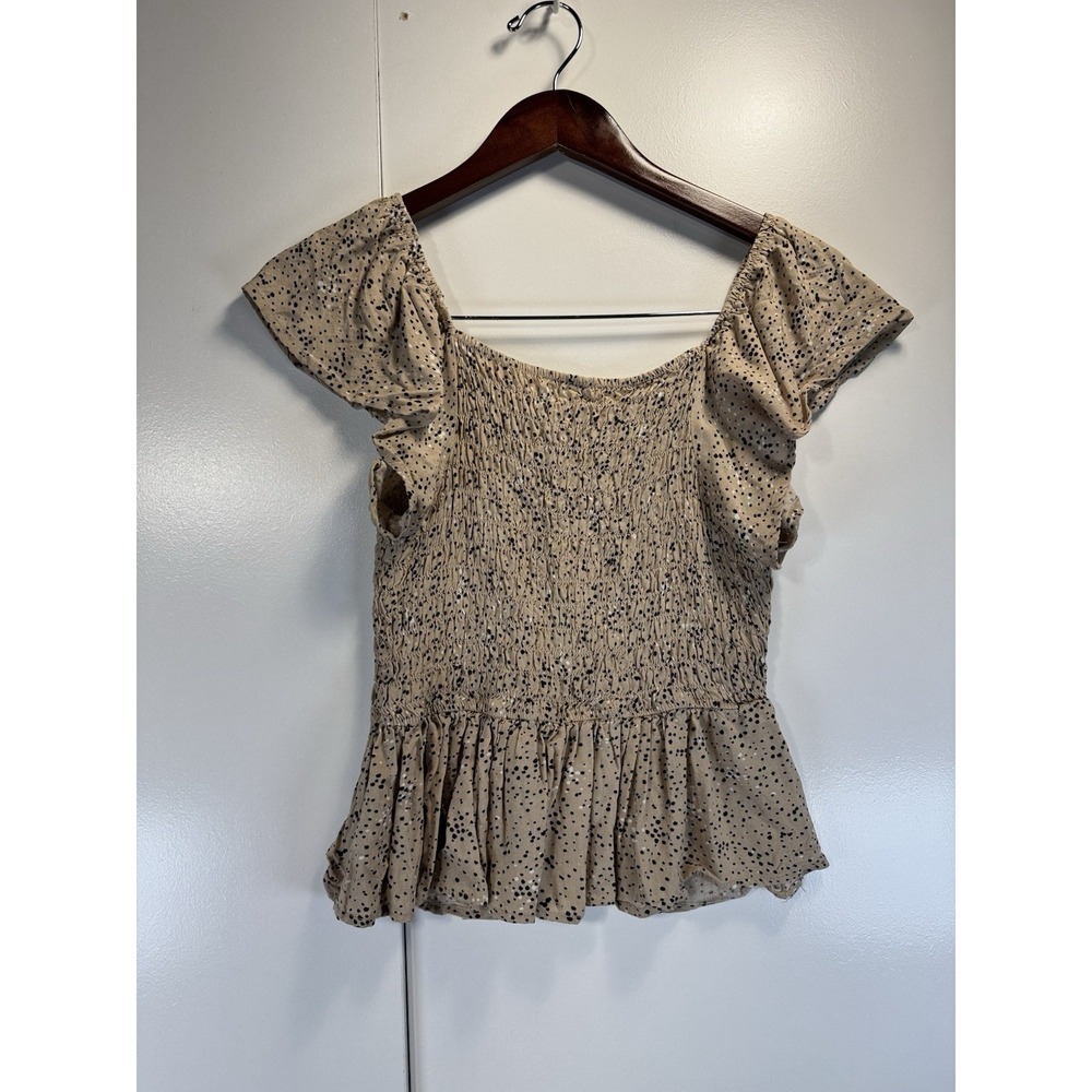 Japna Ruffled Sleeve Smocked Peplum Top, Beige and Black Polka Dot,‎ Square Neck - Picture 6 of 7